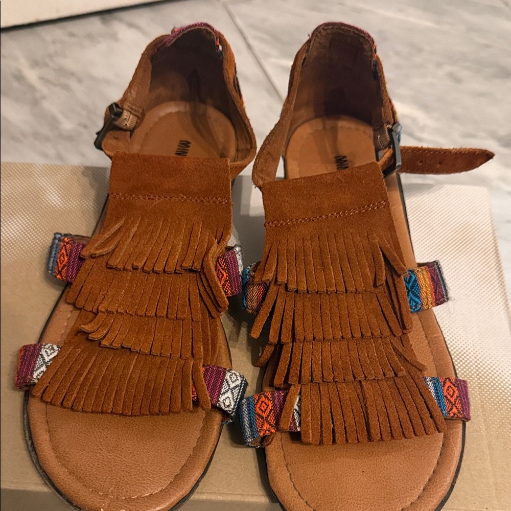 Minnetonka Brown Fringe Sandals with Multicolor Accents